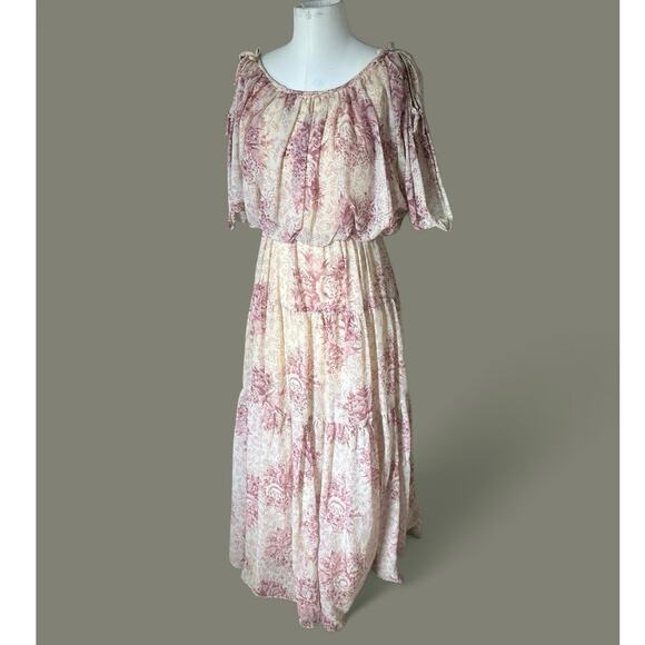 Vintage 70s Women's Cottagecore Pink Floral Tiered Maxi Dress Boho Romantic 4 - Picture 1 of 11